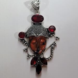 Goddess Pendant Carved Face Sterling Silver Garnet